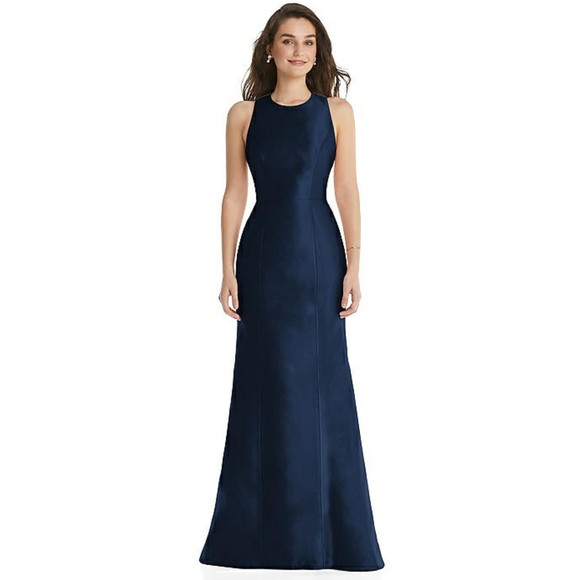 NWT Alfred Sung Princess Line Satin Twill Trumpet Maxi Dress Midnight Navy 16 - Picture 1 of 11